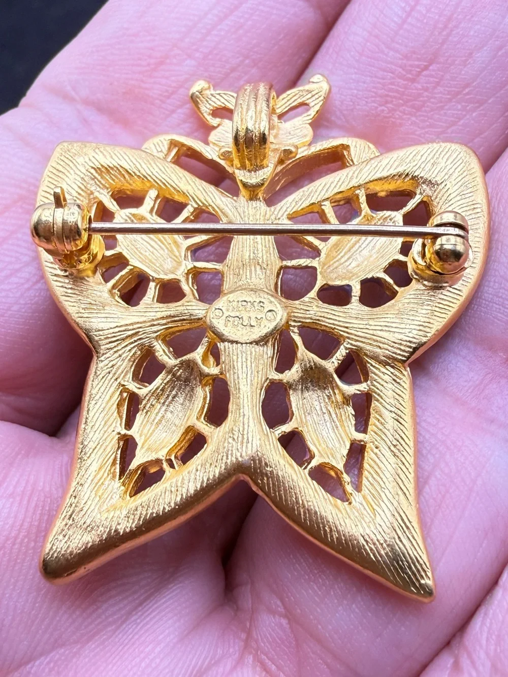 Vintage Kirks Folly Purple Butterfly Rhinestone Brooch Pendant Gold Tone